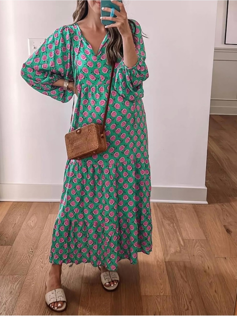 Green Floral Maxi Dress with Pink Blooms - Picture 2 of 5